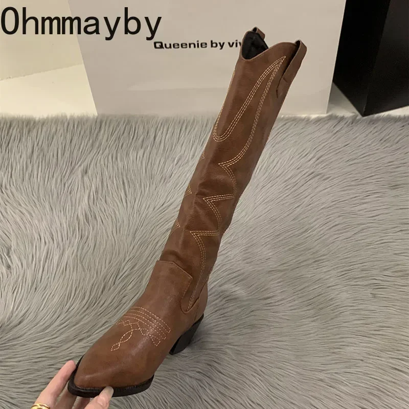 Cowboy Women Boots Fashion Square Low Heel Ladies Elegant Slip On Long Booties Winter Pointed Toe Women's Footwear 15d8 's