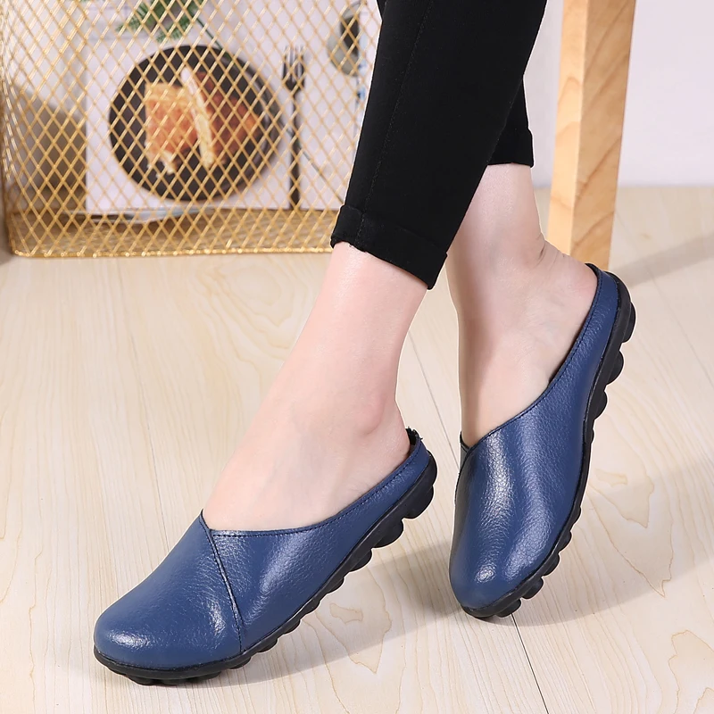 YAERNI Plus Size Flat Shoes Fashion Mules Womens Leather Split Slip On Flip Flops Women's Slippers Shoe SlidesE1302