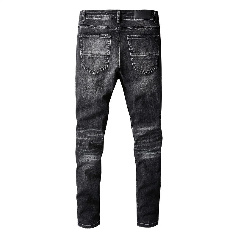 Mens Distressed High Streetwear Jeans Letters Knees Holes Stretch Tight Jeans 240829