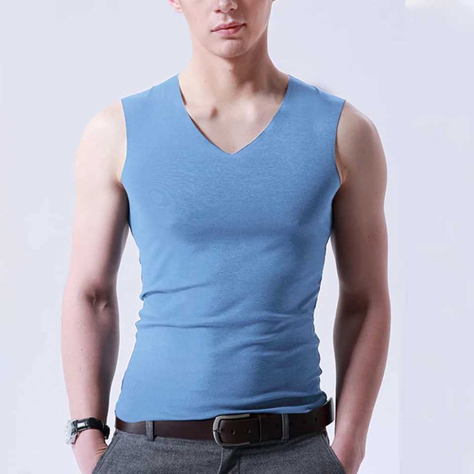 Basic mens ice silk sleeveless tank vest solid color V-neck underwear muscle vest mens T-shirtW240718
