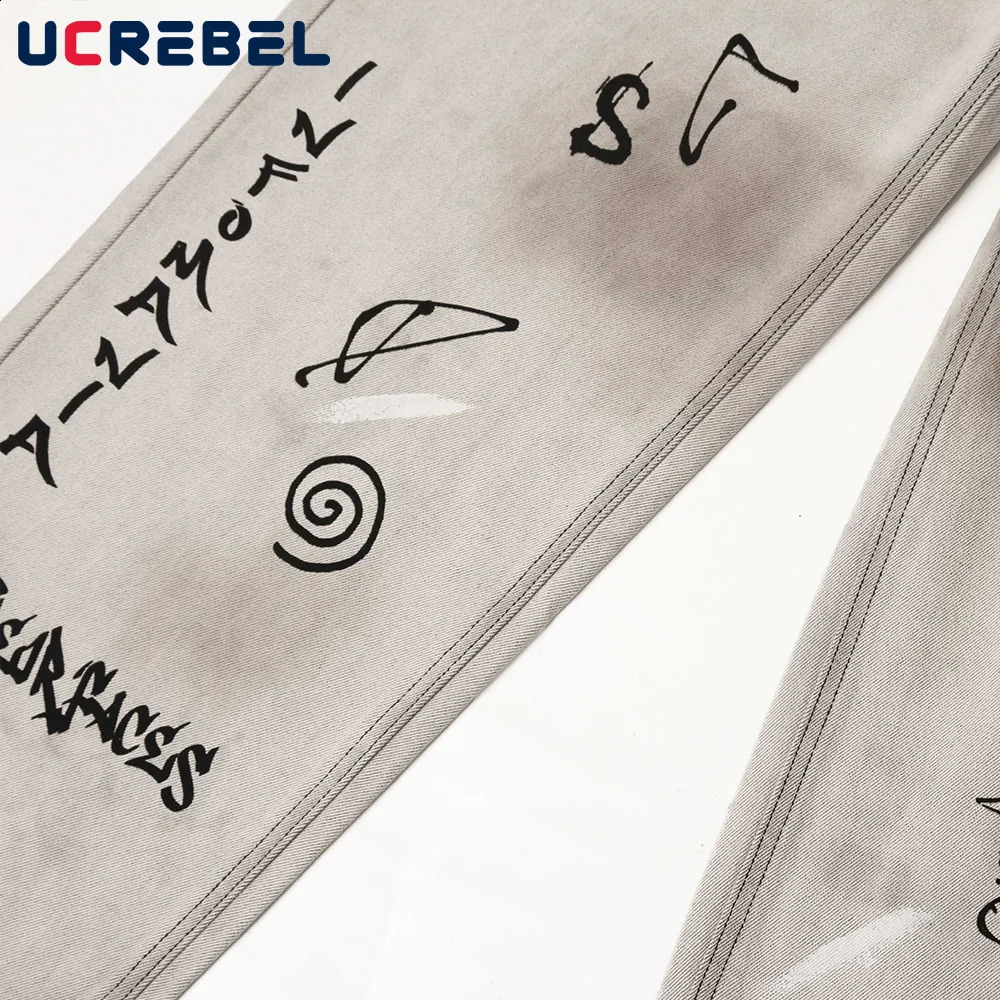 Letter Graffiti Dirty Wash Jeans Mens Pocket Y2k High Street Loose Straight Wide Leg Denim Pants Mens Trousers 240829