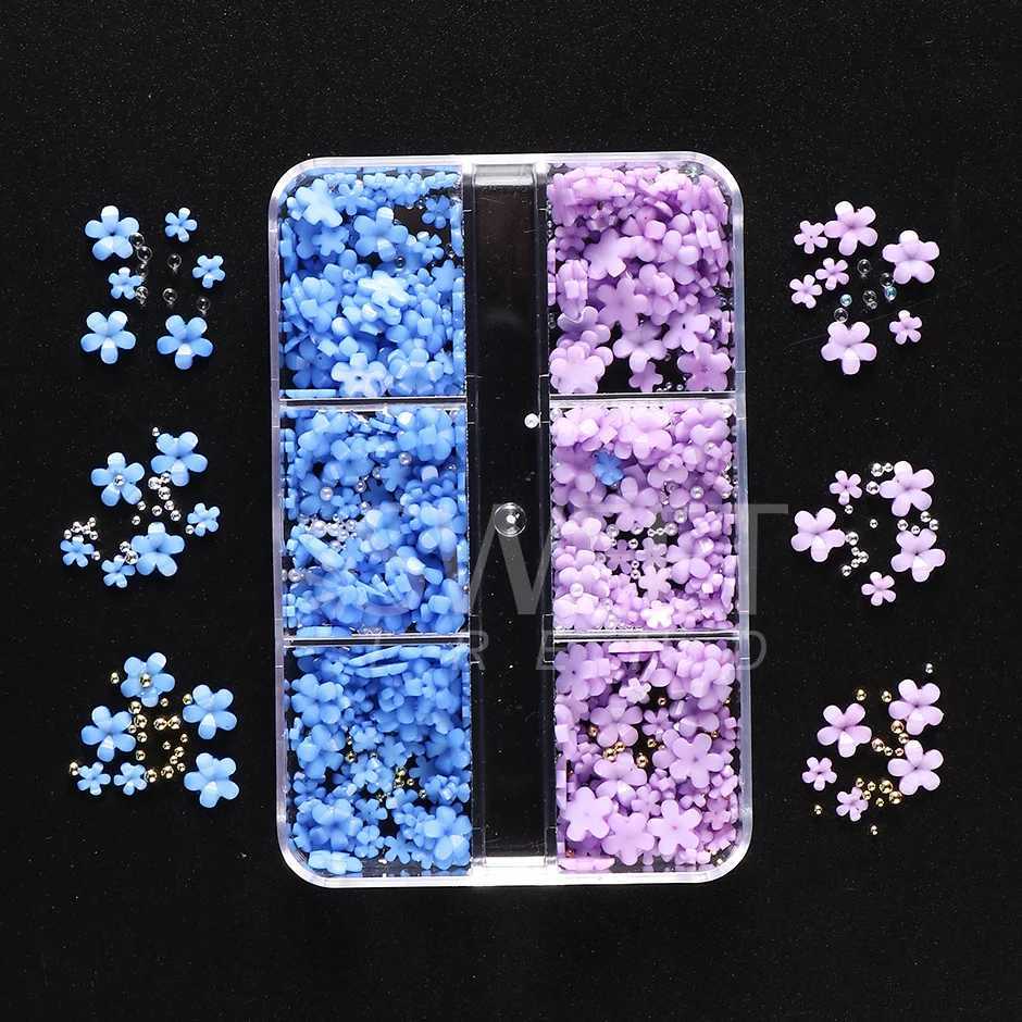 6 grid nail art decoration pink and white acrylic flower charm DIY parts with gemstone rhinestone used for accessory tool SASZCT-156 W240829