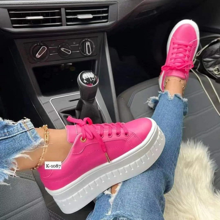 Women Leather Platform Shoes Fashion Solid Color Chunky Heel Sneakers Casual Flat Sports Shoes Designer Shoes Zapatillas Mujer 9a