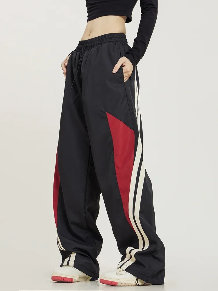 Deeptown wide leg sports pants womens runner bag Y2k retro casual street clothing track black oversized basic 240827