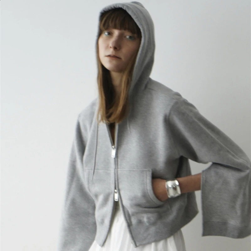 Autumn and winter checkered cuffs double zipper looped hooded sweater for womens casual fashion sports 240827