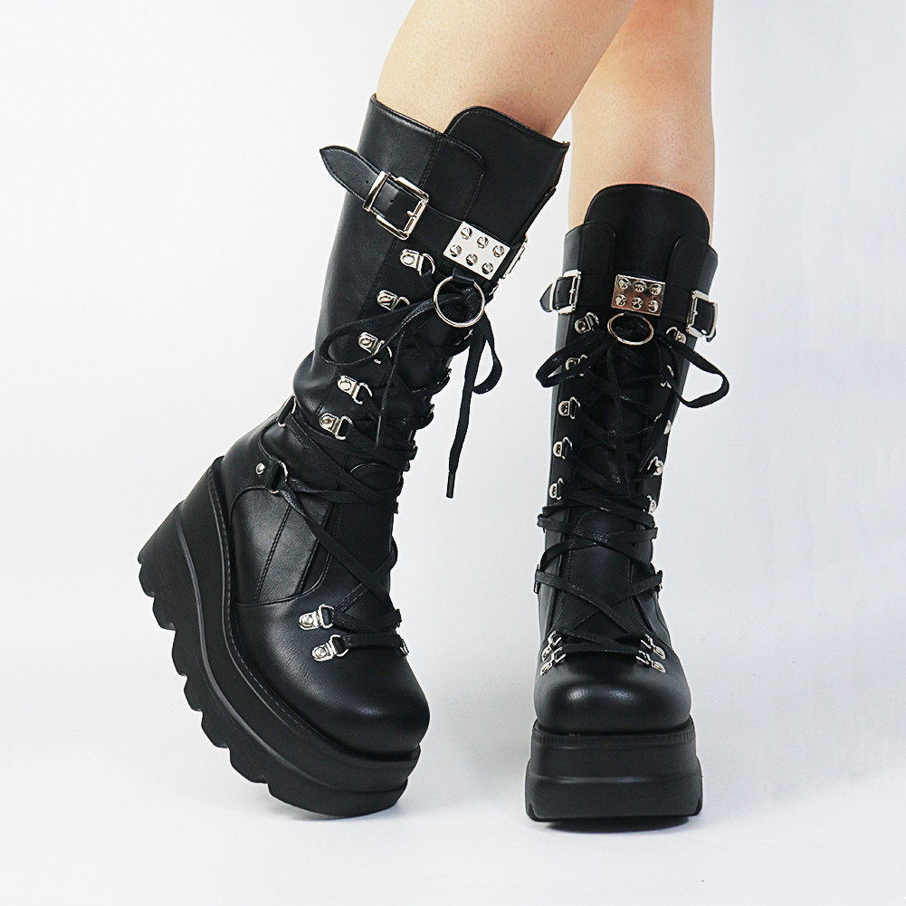 Gothic Style Platform Vampire Cosplay Women Mid-Calf 2023 Autumn Wedges Comfortable Woman Motorcycle Boots Shoes Plus Size