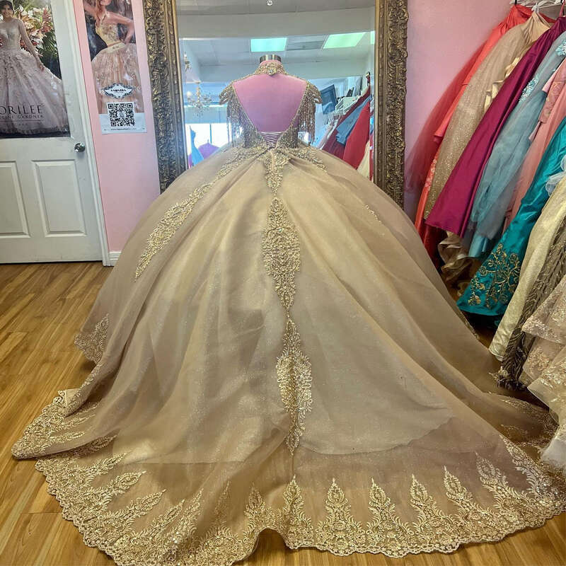 Princess Champagne High Neck Ball Gown Quinceanera Dresses Off Shoulder Beads Appliques Pearls Vestidos De Anos