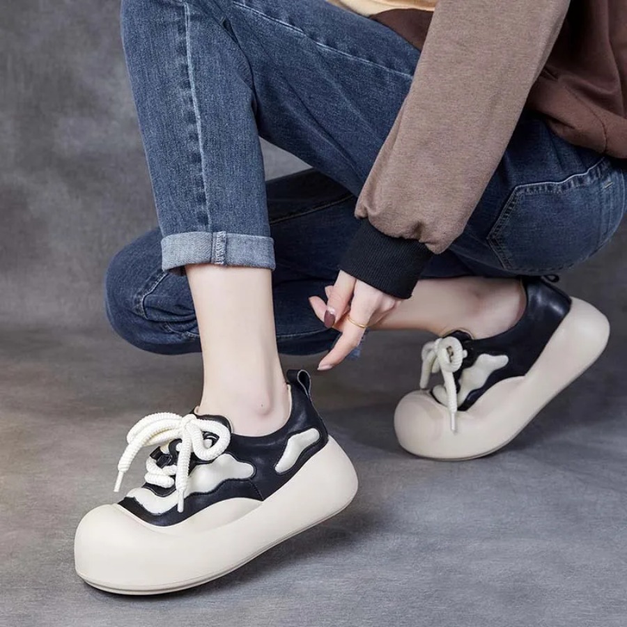 Women's Chunky Genuine Leather Loafers Flats Vulcanized Platform Sneakers 4