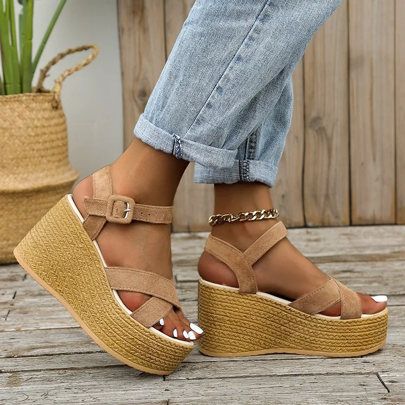 Wedge Sandals Fashion for Summer 2024 New Casual Non-slip Peep Toe Platform Shoes Rubber Sole Buckle Elegant Heels Women 9240 Platm
