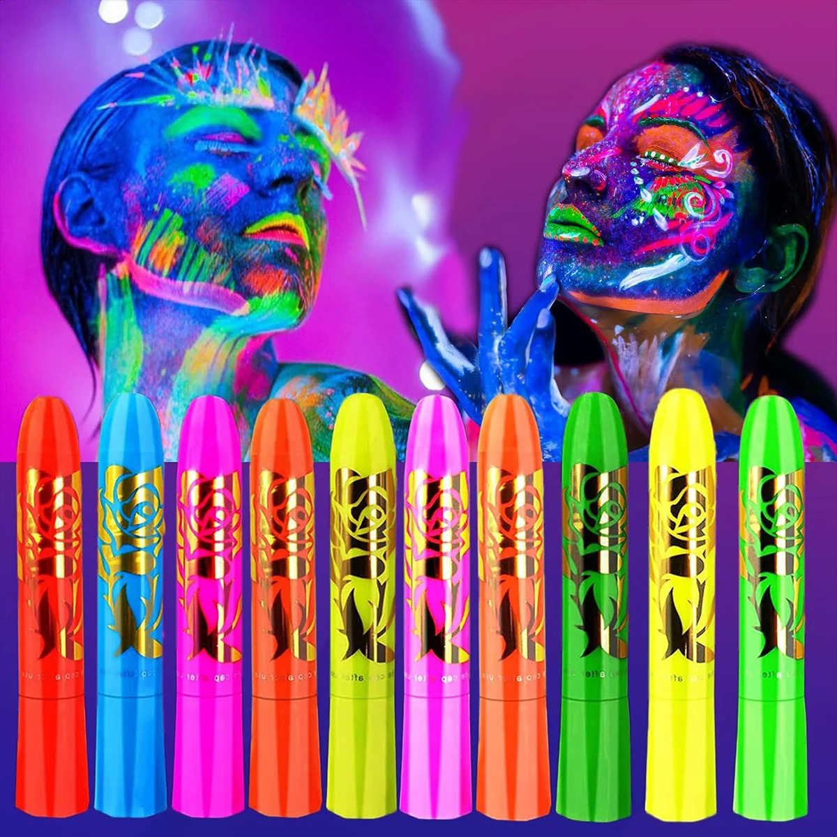 12 piece set of Halloween party decoration UV fluorescent human body painting fluorescent pen - suitable for Halloween makeup 240829