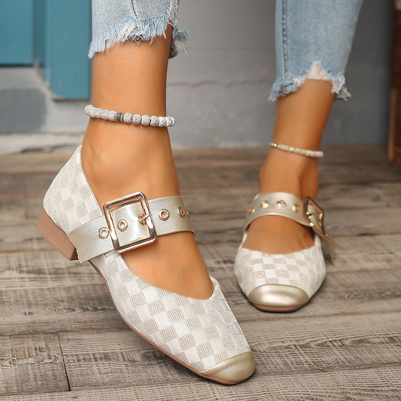 Elegant Plaid Pattern Mary Jane Shoes for Women Metal Buckle Ankle Strap Pumps Woman Comfort Low Heels Single Shoes Plus Size