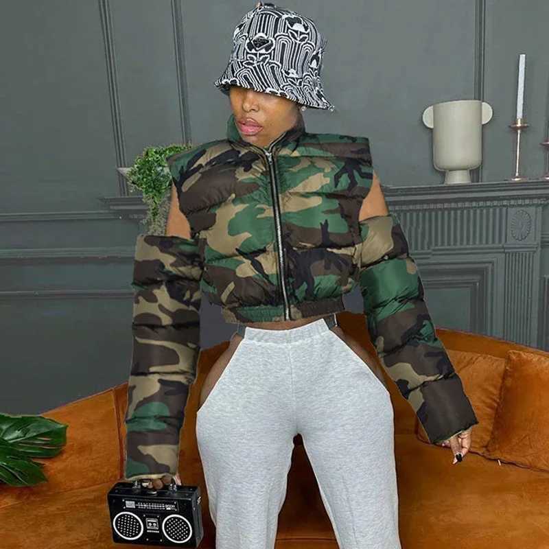 Women's Down Parkas Strt Women Camouflage Zipper Puffer Jacket Hollow Out Slve Camo Bubble Coats Stand Collar Collect Waist Parkas Down Jacket Y2