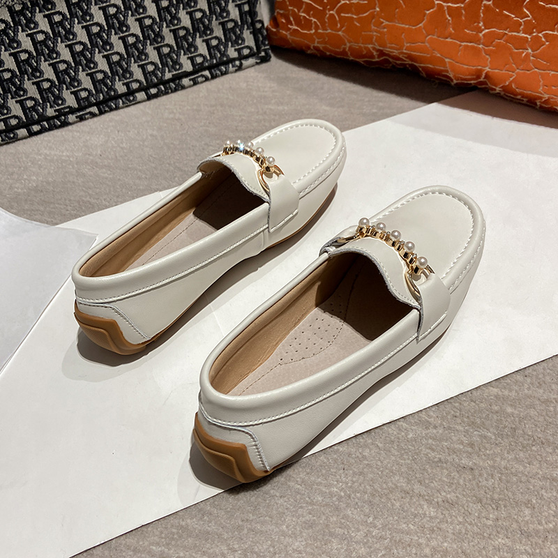 Luxury Pearl Band cow leather flat shoes woman round toe moccasins anti-slip cozy pregnant shoes female genuine leather loafers