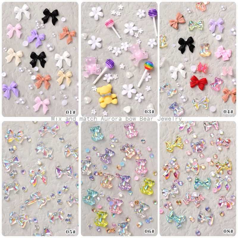 7-grid bow mixed style ribbon nail art decoration pink fairy aurora bear pearl bead design DIY professional accessories W240829