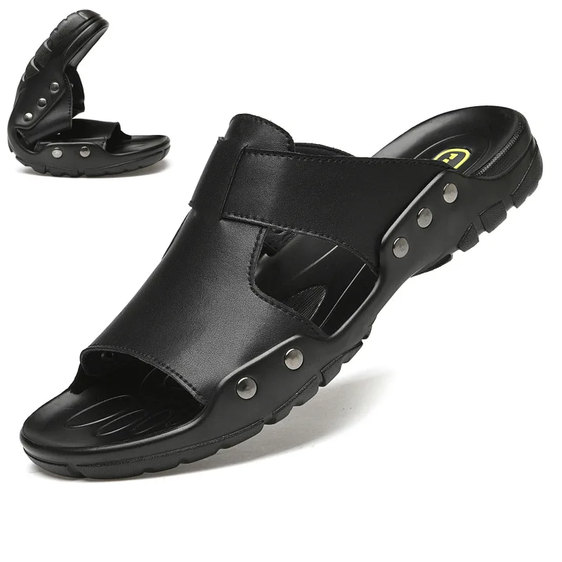 Men Slippers Leather Slides Summer Casual Shoes Plus Big Size 49 50 51 52 Black Slipper And Sandals Slip On Shoes
