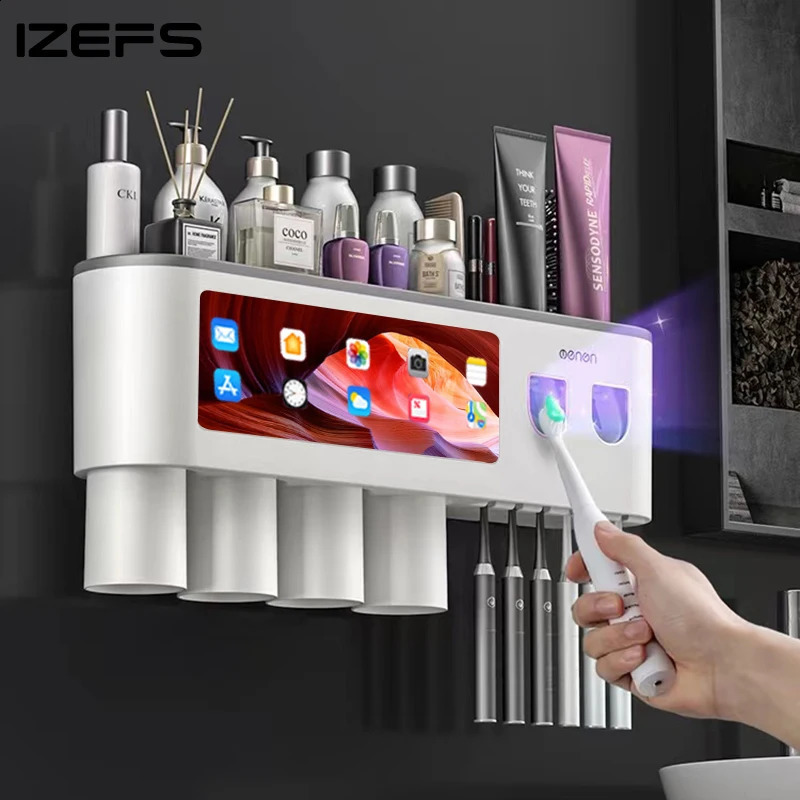 Wall-mounted Toothbrush Holder With 2 Toothpaste Dispenser Punch-free Bathroom Storage For Home Waterproof Bathroom Accessories 240830