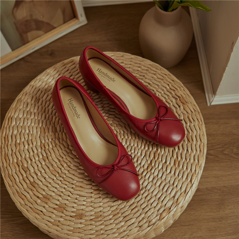 2024 Genuine Leather Women Shoes Fashion Butterfly-knot Spring and Autumn Pumps Slip-On Casual Shoes Chunky Heel Size 34-40