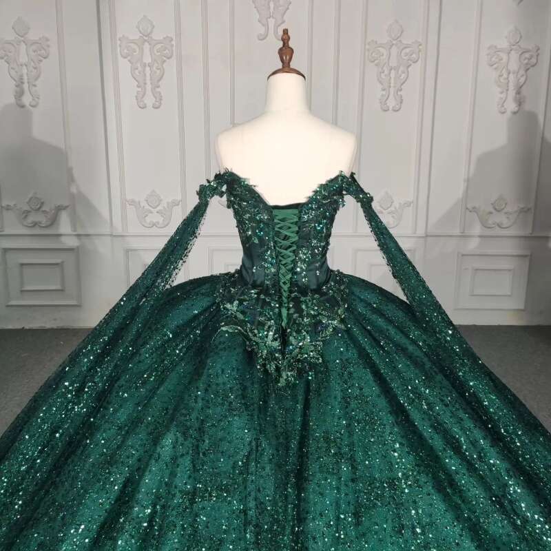 Blackish Green Shiny Off The Shoulder Ball Gown Quinceanera Dress Birthday Party Gowns Beaded Prom Dresses Vestido De 15 Anos