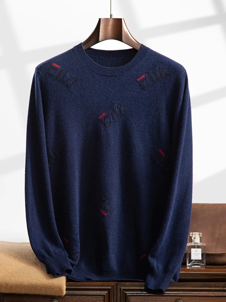 ANGEL Mens O-neck Shirt 100% Cashmere Knitted Lanhua Letter Jacquard Sweater Autumn/Winter Casual Long Sleeve Clothing 240829