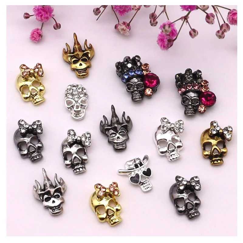 10 pieces/pack Metal Halloween nail decoration pumpkin skeleton spider skull shiny rhinestone charm nail accessories W240829