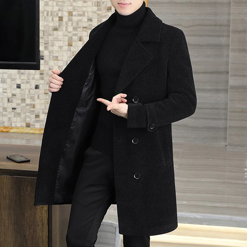 Autumn Winter Mens Wool Coat Solid Color Medium Length Windproof Jacket Business Casual Coat Thick Warm Trench Jacket 240829