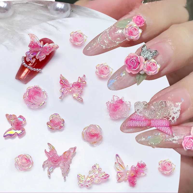 30 pieces of ice transparent flower resin 3D nail art charm night light bow nail decoration DIY jewelry accessories W240829