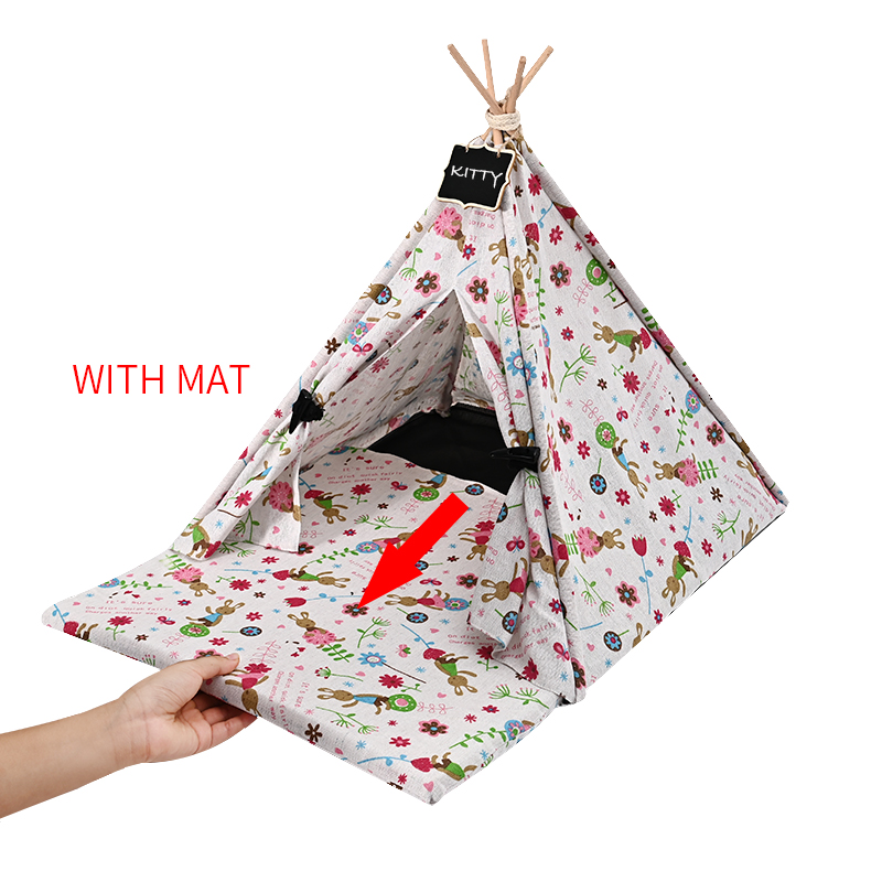 Canvas Pet Tent Pet Teepee Dog Tent House Cat Bed Puppy Cat Indoor Outdoor Pet Teepee with Cushion Portable Dog Tent Supplies