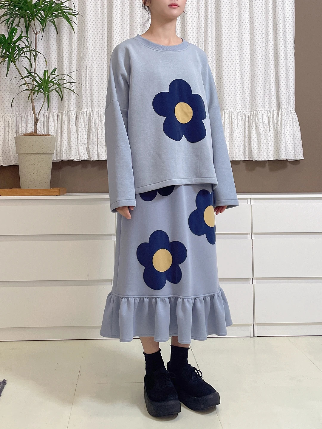 Imakokoni Original n Round Neck Pullover Long Sleeve Blue Flower Printed Top for Women 234425 240827
