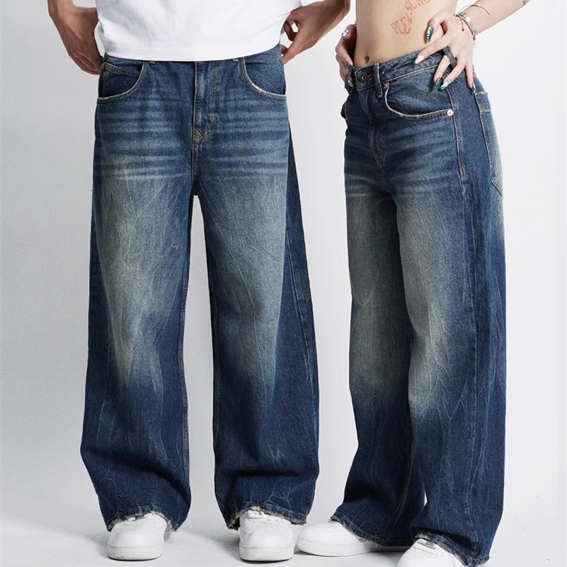 Fashion Blue Laundry Bag Jeans Couple Y2K Harajuku Retro Hip Hop Pop Casual Gothic High Waist Wide Leg Pants 240829
