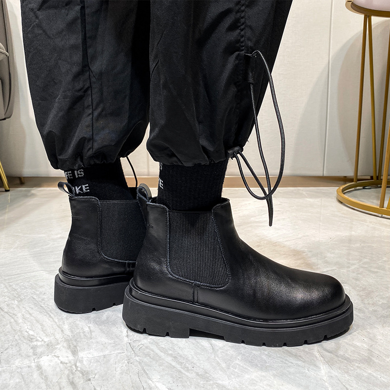 Chelsea Boots Winter 2021 Platform Boots Men Split Leather Ankle Boots Black Male Autumn New Fashion Shoes Chunky Booties689