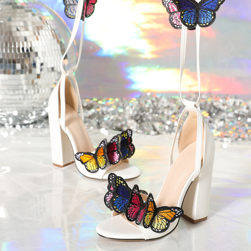 Liyke 2024 New Arrivals Open Toe White Sandals For Women Handwork Embroidery Butterfly Lace Up High Heels Party Dress Shoe Pumps