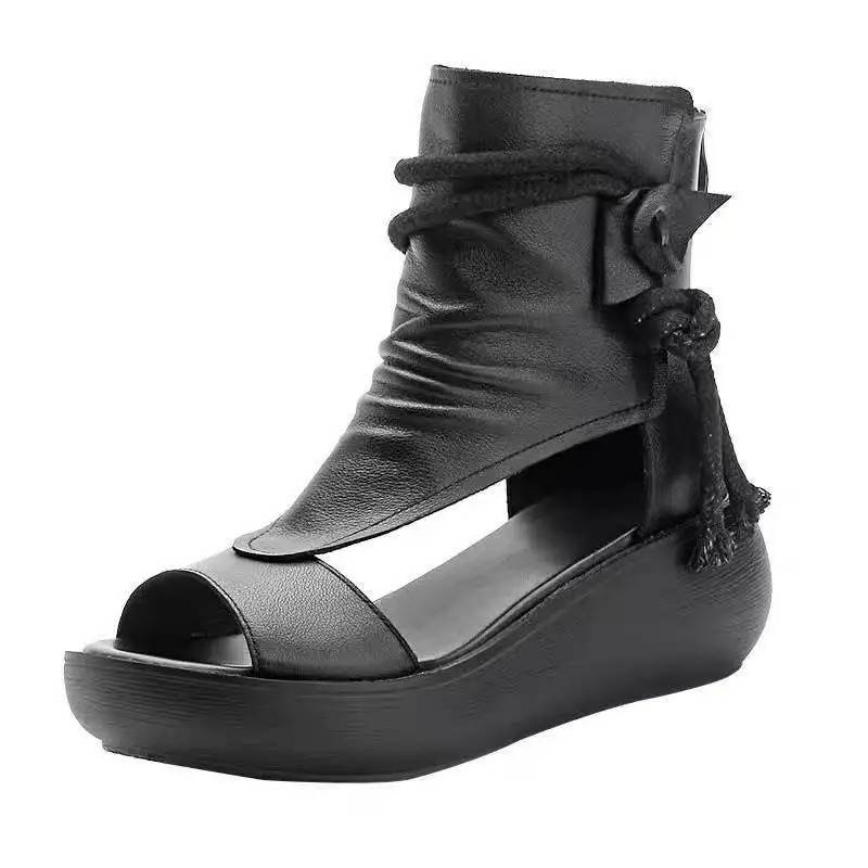 Summer Black Women Leather Sandals Cool Boots Platform Shoes Wedges Sandals Women Shoes Fashion Outdoor Sandals