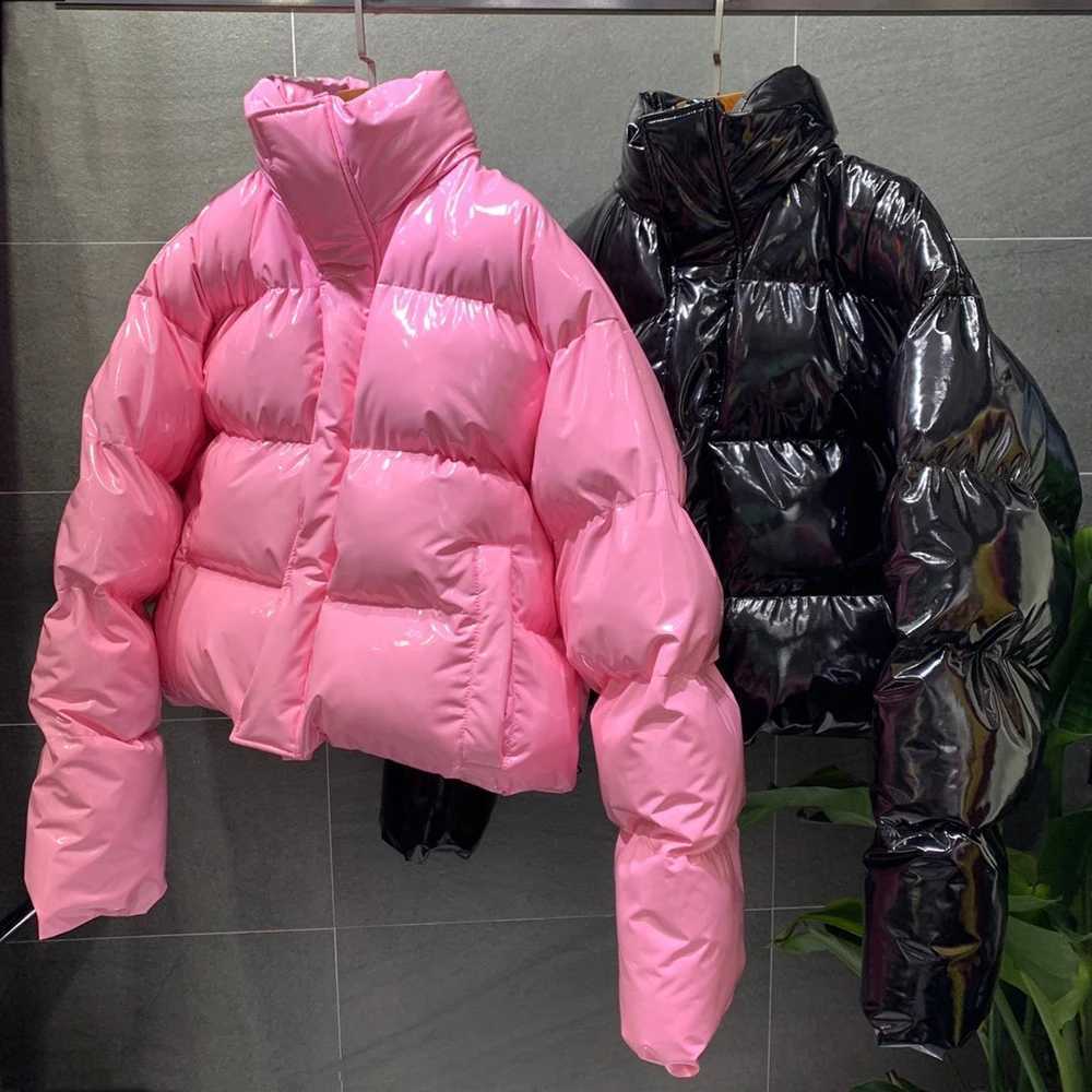 Women's Down Parkas Winter Women Bright PU Puffer Jacket Thick Bubble Coat Zipper Glossy Leather Down Parka Outerwear Stand Collar Loose Jacket Y
