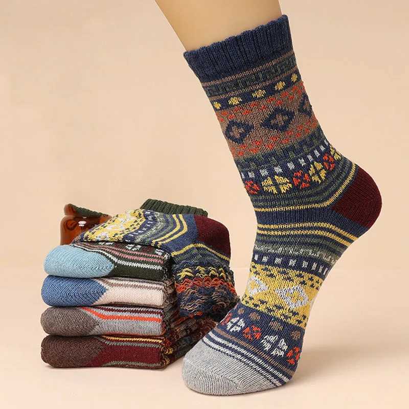 Men's Socks 5 Pairs/Lot Mens Thick Wool Socks Autumn And Winter High Quality Japanese Vintage Stripes Warm Comfortable Soft Socks EU 38-44 Y24083