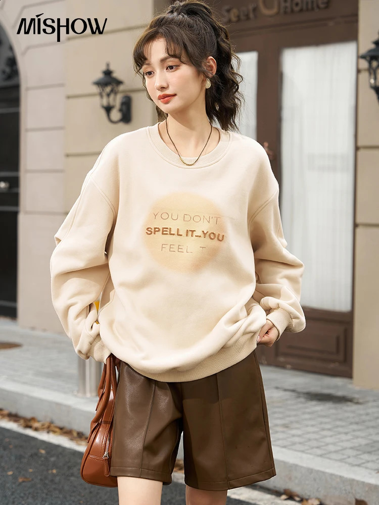 MISHOW Womens Letter Embroidered Printed Oversized Sports Shirt Autumn Sunset Pulling Staff Neck Casual Soft Top MXC48V0027 240827