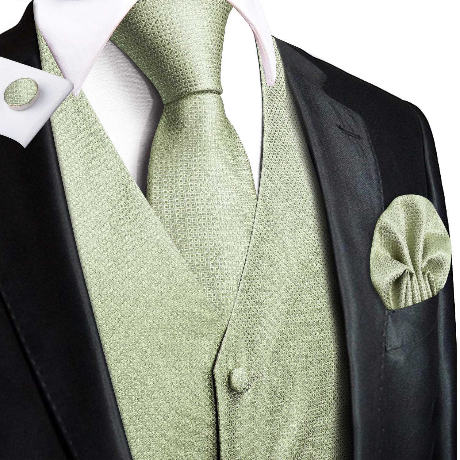 Hi-Tie Silk Mens Suit Vests 4PC Woven Sage Green Solid Waistcoat Tie Pocket Square Cufflinks Business Wedding Dress Waist Jacket Y240830