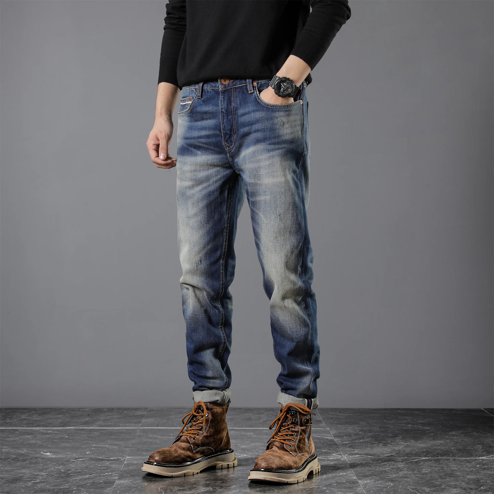 135oz 99 Cotton Red Selvedge Denim Men Jeans Retro Distressed Heavy Brushed White Washed Straight Pants Fashion Trousers 240826Z