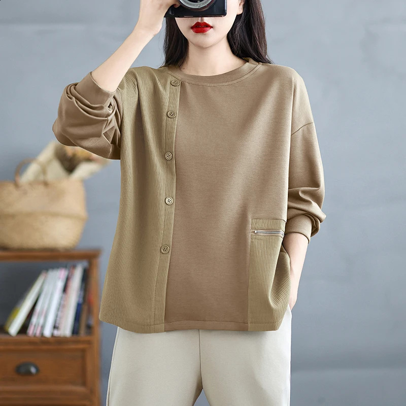 solid color floral loose long sleeved checkered sports shirt for womens autumn straight Oneck streetwear patch work retro top 240827
