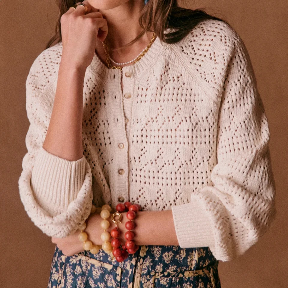 ZESSAM Solid Hollow Jacquard Knit Cardigan ONeck Long Sleeve Button Loose Female Sweater Casual Cozy Lady Top 240827
