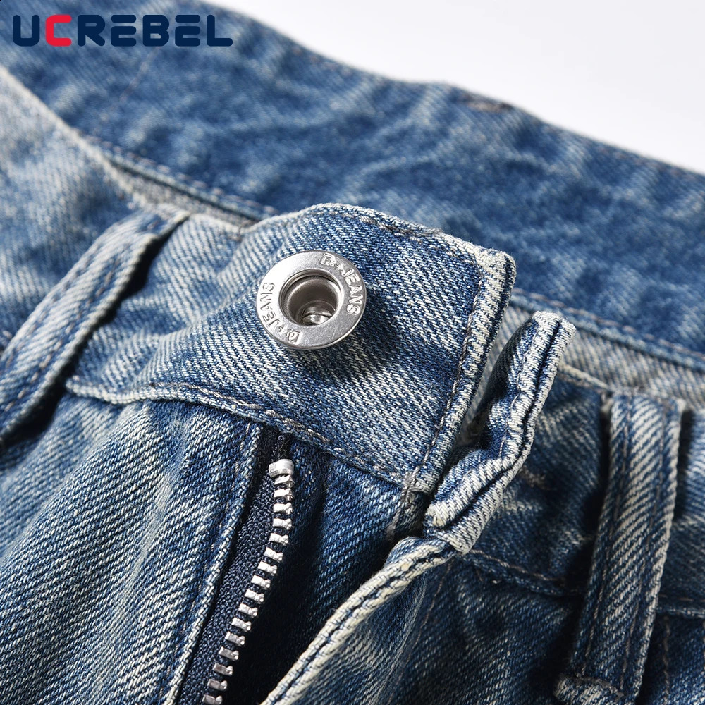 Tear hole casual jeans mens retro washed Distressed loose straight leg Vibe style glitter pants 240829