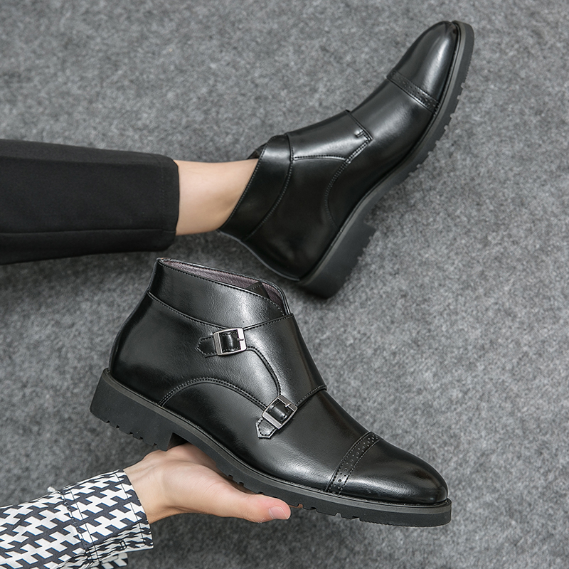 Buckle Double Slip on Pointed New Toes Casual Leather Men Comfortable High Top Boots Party Mes Shoes 2116