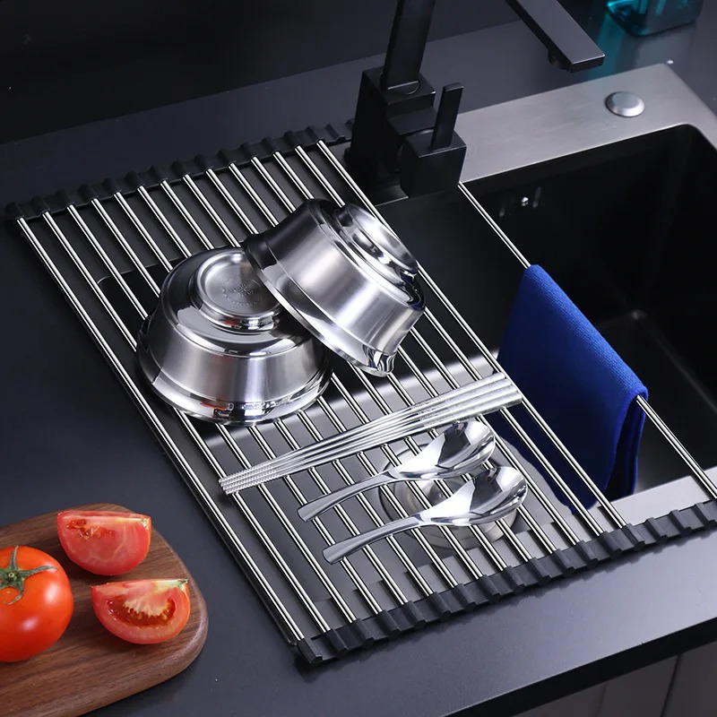 Kitchen sink stainless steel draining rack can be folded fruit and vegetable dishes filter shelf roll storage draining rack 240830