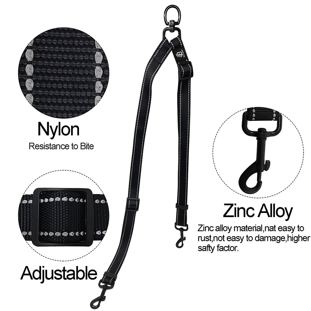 Black Double Leash Coupler for Large Dogs Adjustable Heavy Duty Nylon Splitter for Two Big Dogs