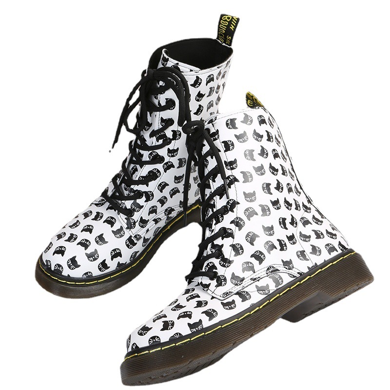 European and American flat bottom flower lace-up Martin boots for women large size printed high top leather boots Leather boots