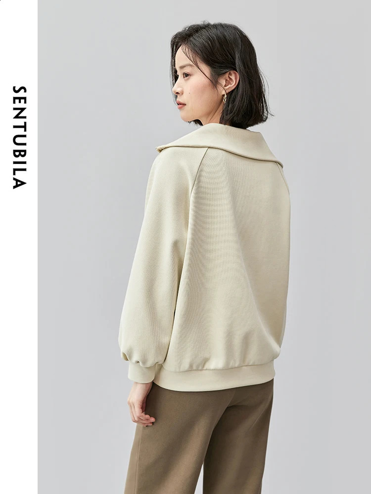 SENTUBILA Womens Casual Cotton Sweatshirt Autumn Straight Letter Embroidered Solid Half Open Collar Coat 143A55822 240827
