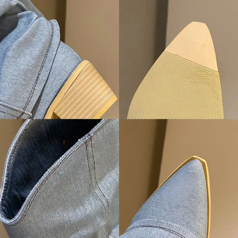 Pleated Blue Denim Boots Fashionable Women's Chelsea Boots Autumn Winter Mid-heeled Boots 2024 New Women Shoes Botas Altas Mujer