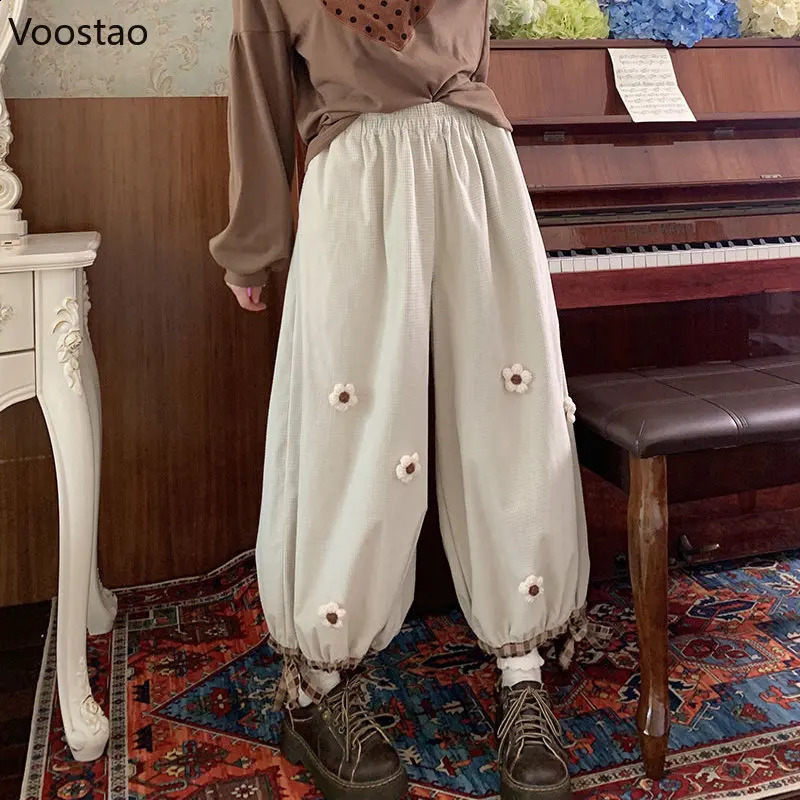 Japanese Sweet Flower Corduroy Wide Leg Casual Pants Women Vintage Cute Loose Trousers Girls Haruku Sweatpants Kawaii Bloomers 240829