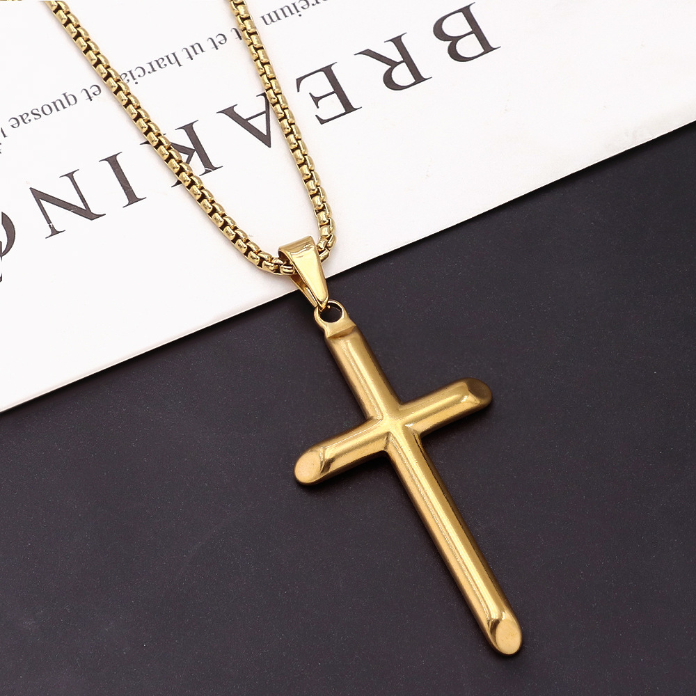 Retro Stainless Steel Shiny Cross Pendant Necklace 18K Gold Plated No Fade Jewelry