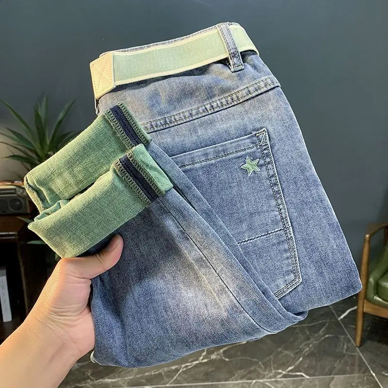 Fashionable Spring Harajuku HipHop Korean Clothing Mens HighEnd Embroidery SlimFit Cowboy Cargo Denim Jeans for Men 240826Z