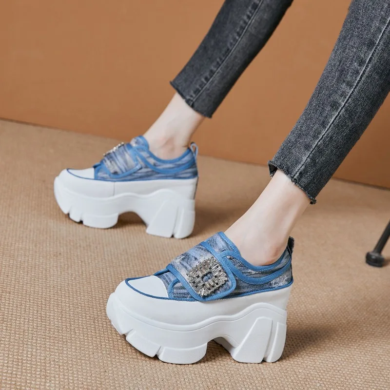 Denim Platform Women's Canvas Shoes 7cm Platform Women Casual Sneakers Luxury Rhinestone Square Buckle Ladies Vulcanized Shoes